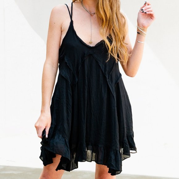 Black Flowy Layered Mini Dress Asymmetrical Hem Double Cross Back Straps Small - Picture 4 of 12